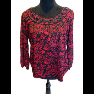 Covington‎ Womens Blouse Size Large Red Black Embellished Neckline Dressy Flowy